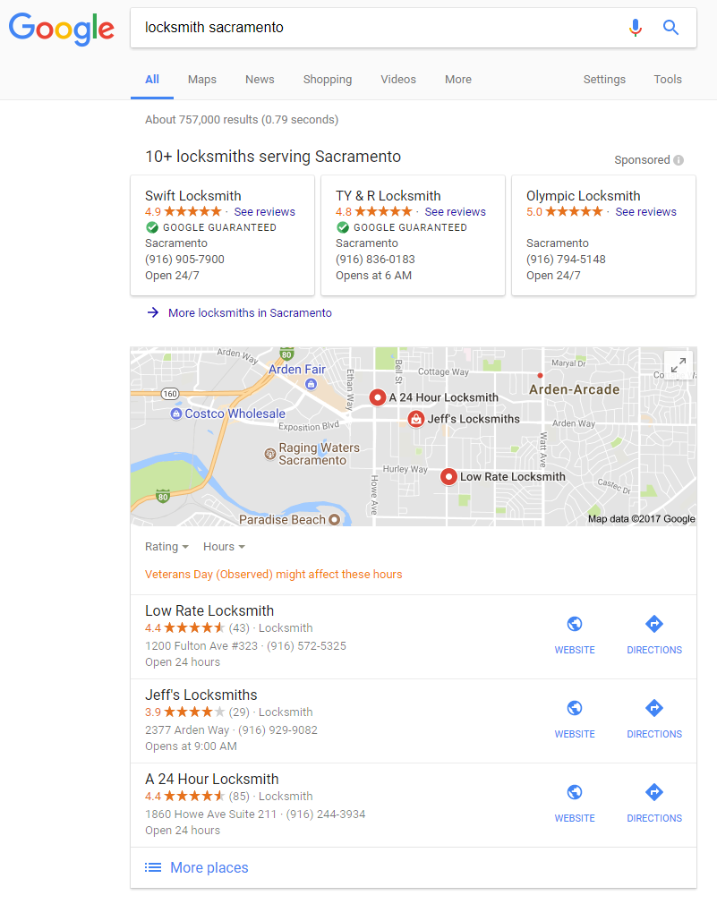 Google Local Service ads and Google Maps at the top of local search results