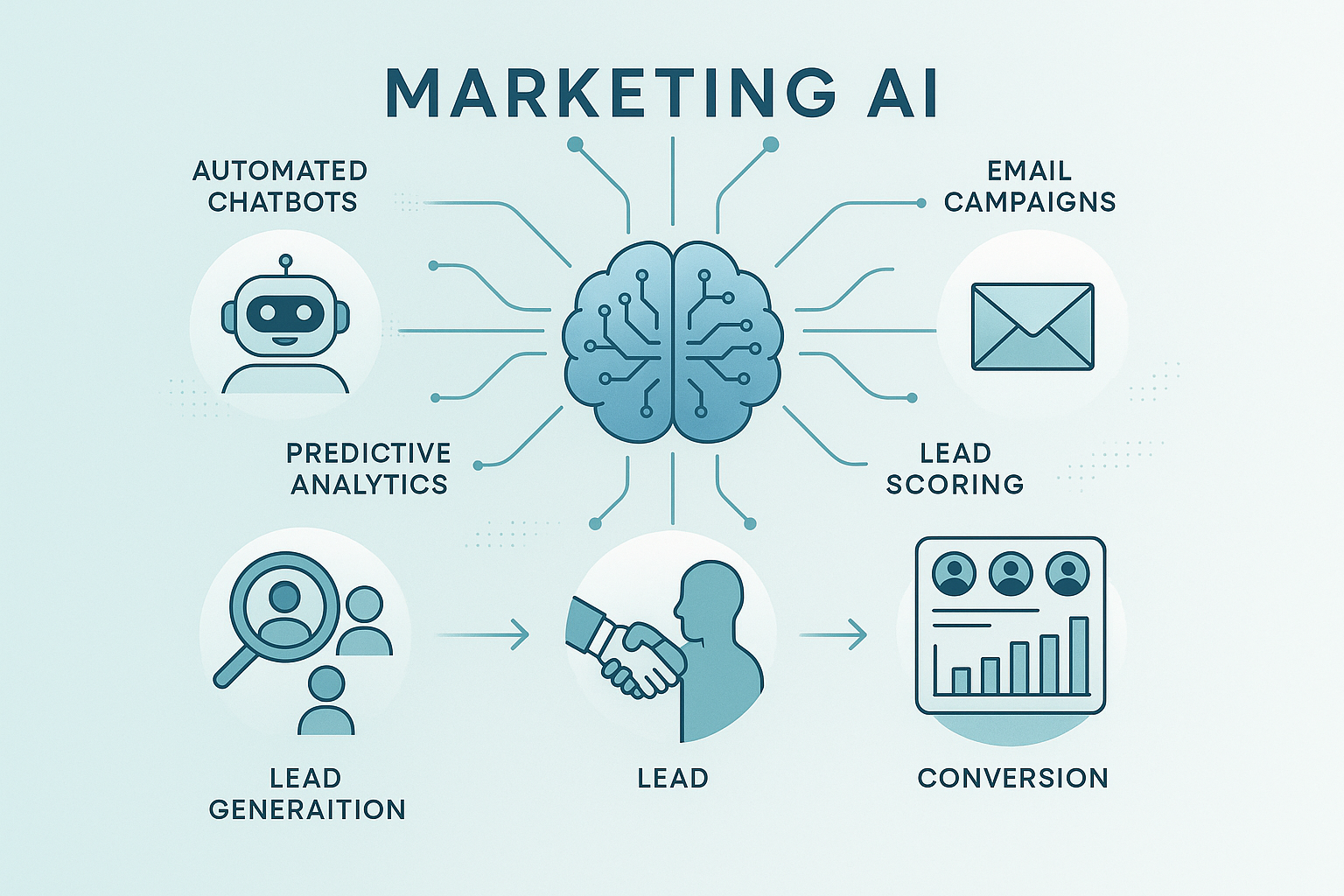 A central AI brain icon with lines Visual of a central AI brain powering automated chatbots, predictive analytics, email campaigns, lead scoring, lead generation, and conversions.