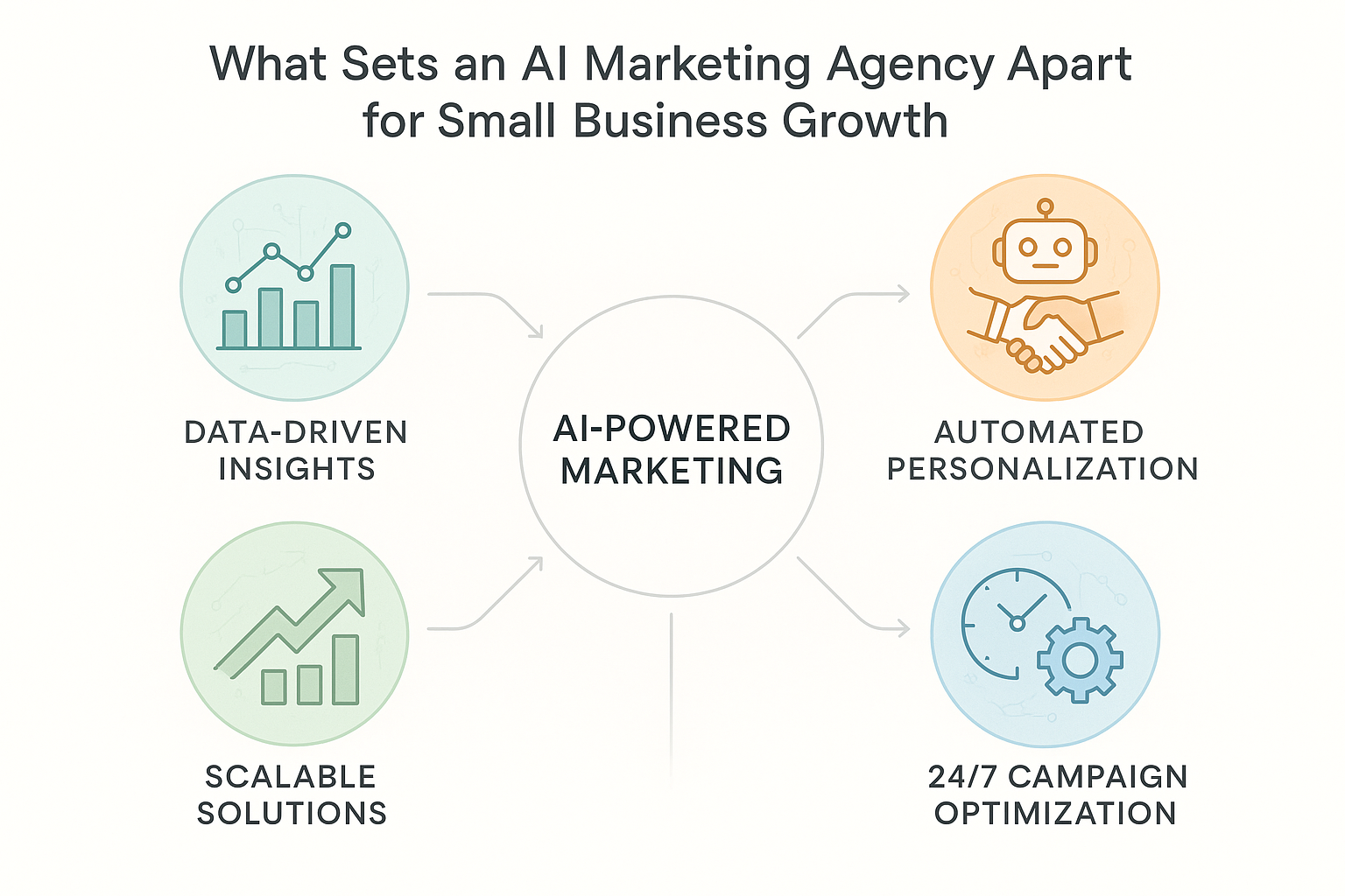 Central circle labeled AI-Powered Marketing Diagram of what sets an AI marketing agency apart: data-driven insights, automated personalization, campaign optimization, scalable solutions.