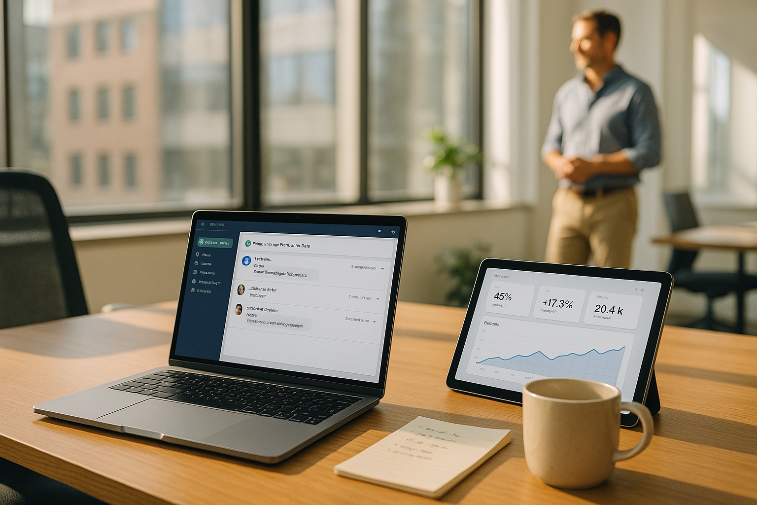 Photo of a laptop and tablet on a wooden desk Modern office desk with a laptop and tablet showing customer chat and marketing analytics dashboards, with a professional in the background.