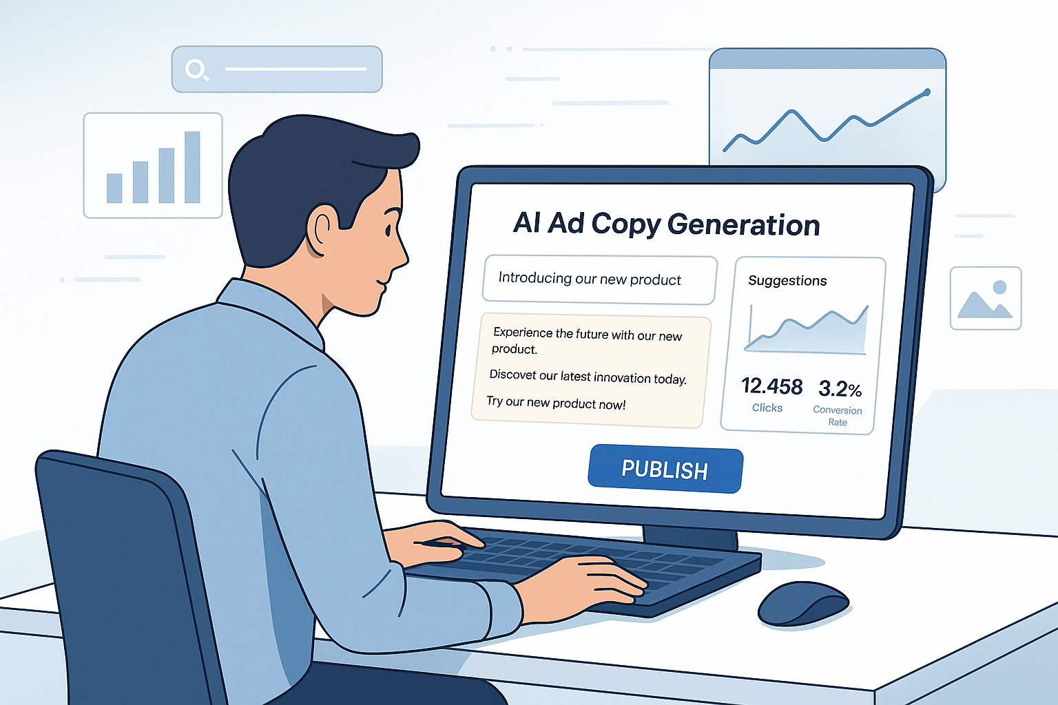 ai for ad copy generation_IMAGE Marketer using AI software to generate and publish digital ads with real-time analytics on screen