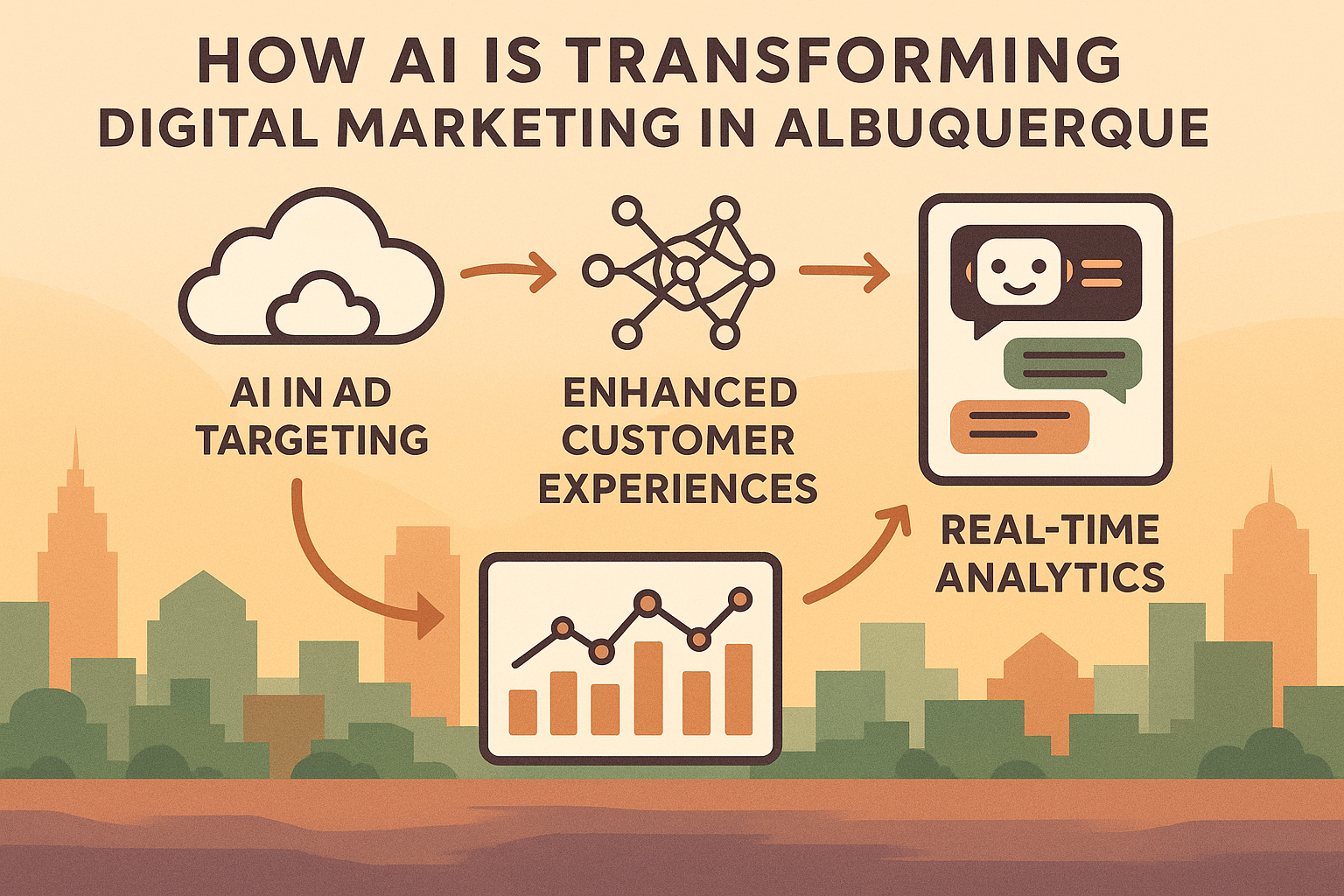 ai marketing albequerque_IMAGE 1 Infographic showing how AI transforms digital advertising in Albuquerque through targeting, analytics, and enhanced customer experiences