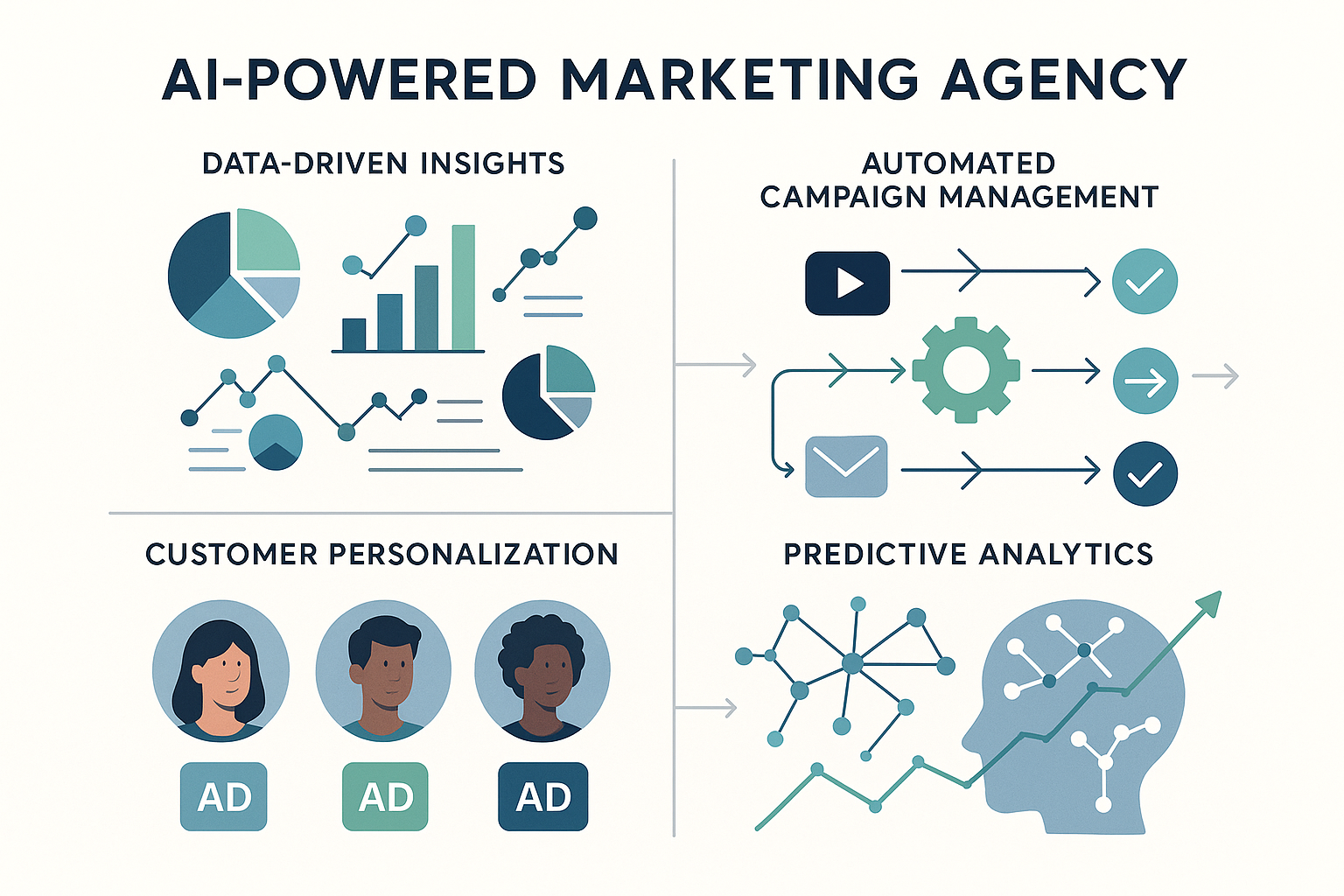 ai marketing albuquerque_IMAGE 4 Features of an AI-powered marketing agency including predictive analytics, data-driven insights, campaign automation, and customer personalization