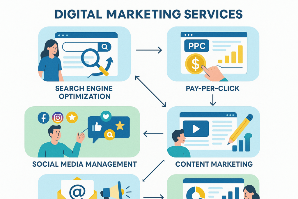 ai marketing albuquerque_IMAGE 5 Visual guide to digital marketing services including SEO, PPC, content marketing, email marketing, and social media management