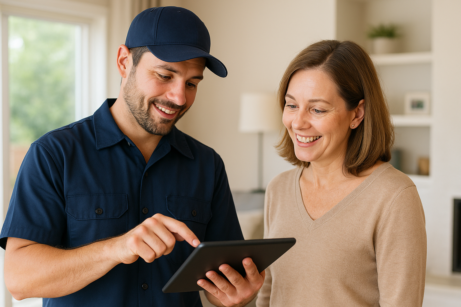ai marketing for home services_IMAGE HVAC technician using AI tools to manage home service appointments with a satisfied customer.