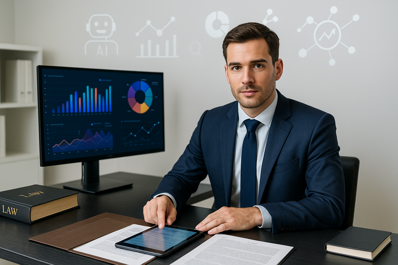 ai marketing for lawyers_IMAGE Attorney using AI marketing tools to review client data and improve law firm SEO performance