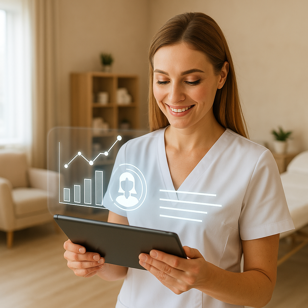 ai marketing for medspa_IMAGE Salon stylist using AI-powered tablet to personalize client service and marketing in a modern beauty salon