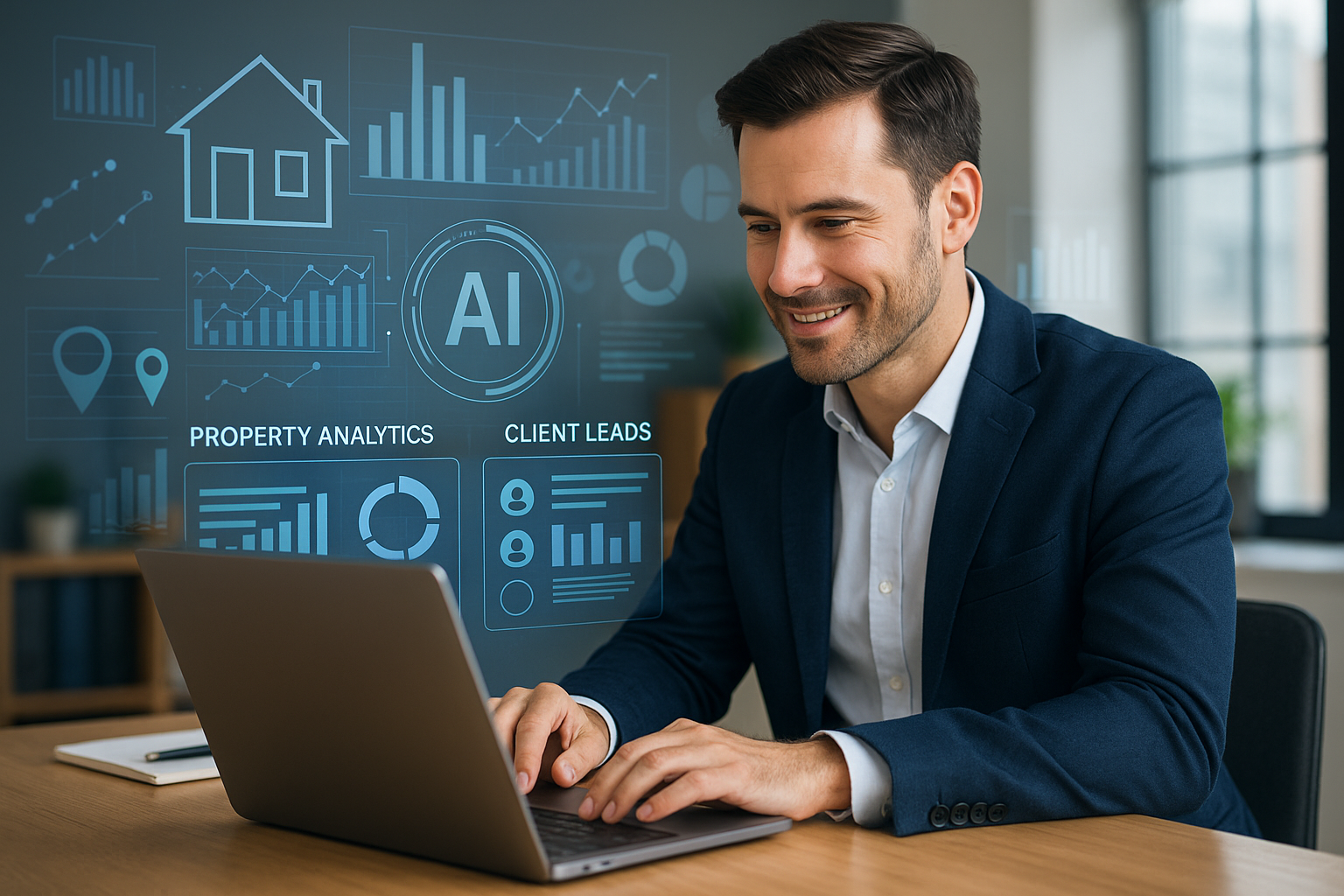 ai marketing for real estate_IMAGE Real estate agent using AI tools to review property data and client leads on a laptop