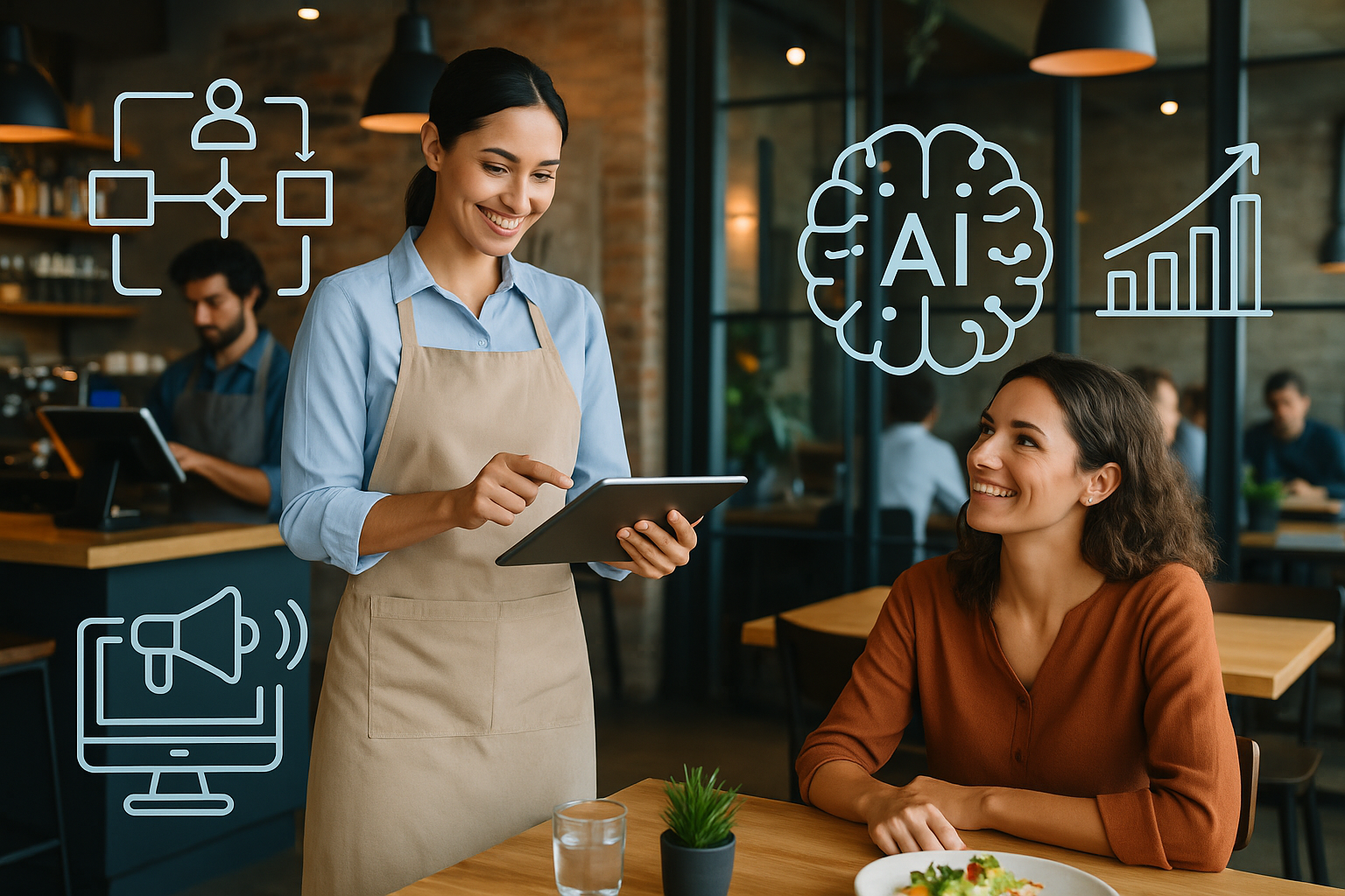 Restaurant staff using AI tools to enhance customer experience and streamline marketing operations