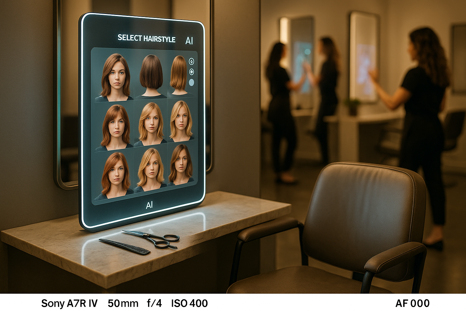 Salon stylist using AI-powered tablet to personalize client service and marketing in a modern beauty salon