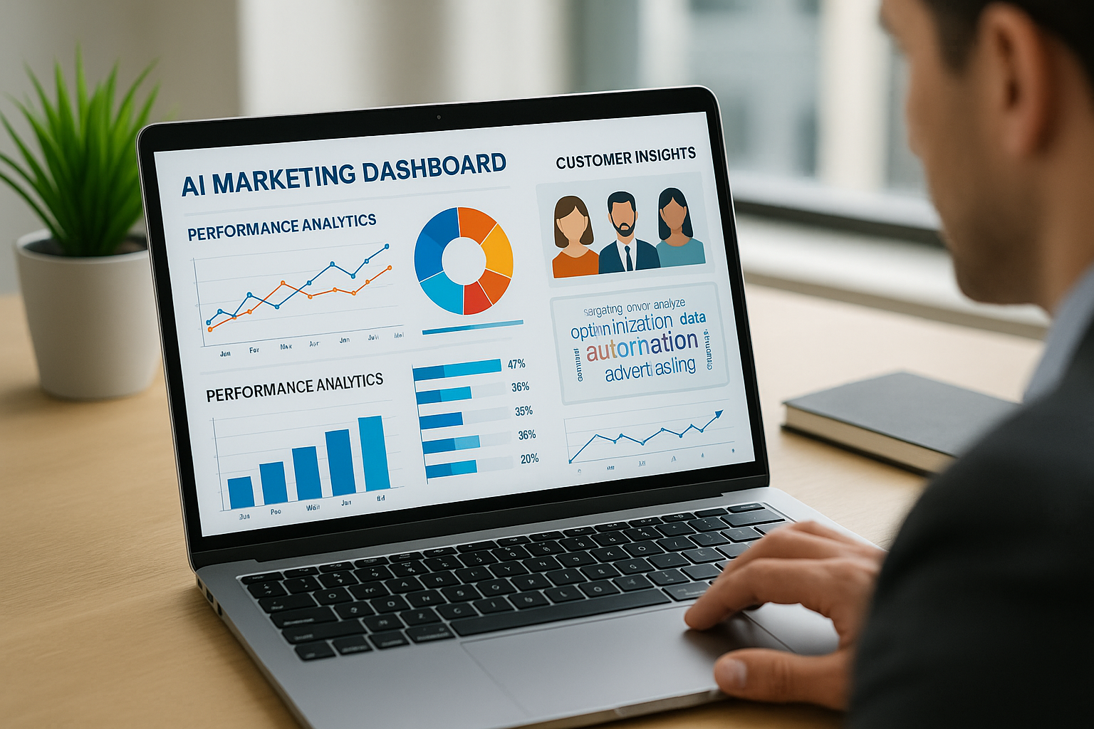 Digital marketer using AI marketing dashboard with performance analytics and customer insights