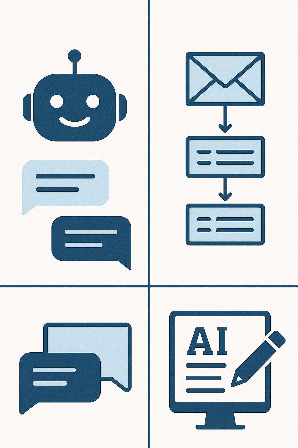 AI marketing automation tools including chatbot platforms and email scheduling interfaces