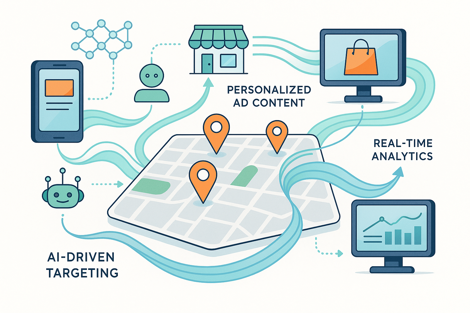 Illustration of AI-powered advertising, featuring a digital map with location markers, AI-driven targeting, real-time analytics on screens, and personalized ad content flowing between devices.