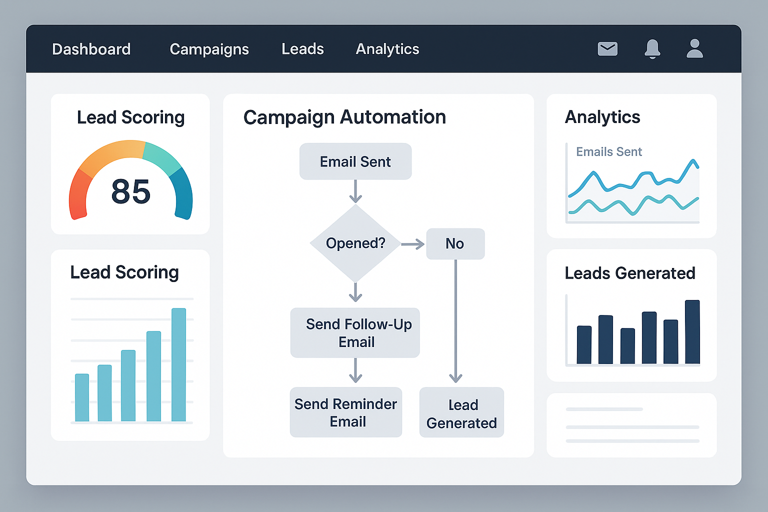 can lead generation be automated_IMAGE Lead generation automation dashboard with email flows and lead scoring metrics displayed