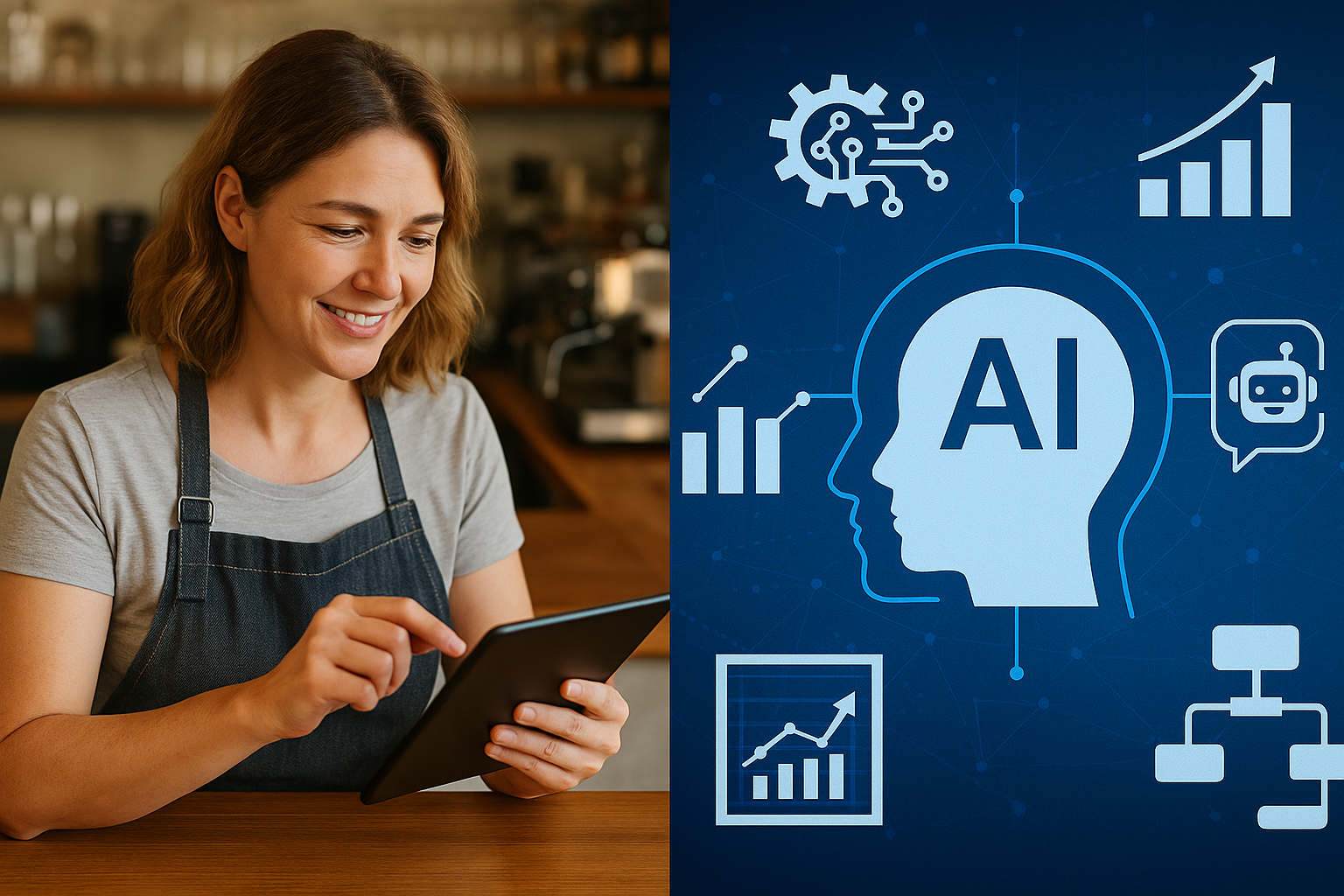 Small business owner using AI tools on a tablet, with data charts and digital automation icons in the background representing how AI helps local business growth.