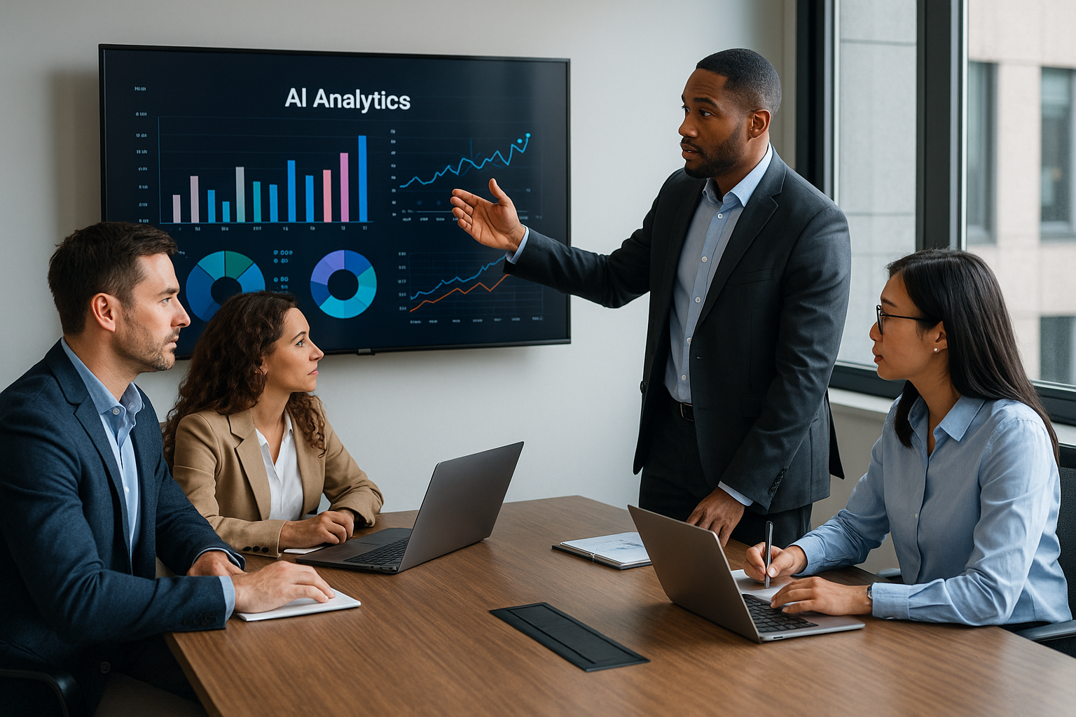 how to choose ai agency_IMAGE Team evaluating AI agency options using performance metrics and AI strategy visuals in a modern office setting