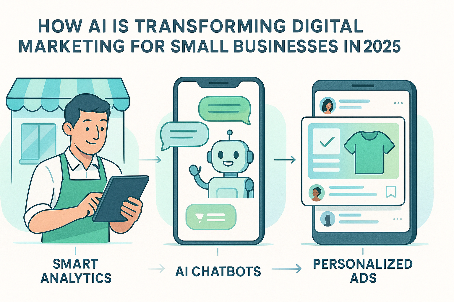 trends in ai marketing Illustration of a small business owner using a tablet, followed by a smartphone screen with an AI chatbot, and another screen displaying personalized product ads—highlighting how AI tools like analytics, chatbots, and personalization are transforming digital marketing for small businesses in 2025.