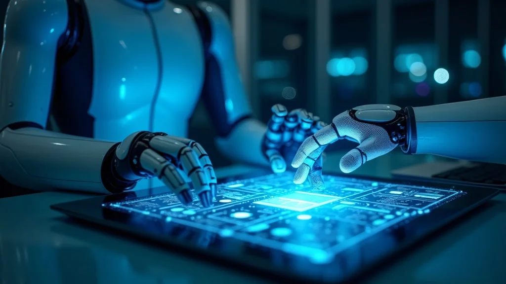 Futuristic AI bot using automation tools to accelerate speed to lead on digital tablet in tech workspace