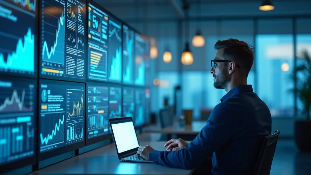 Motivated sales manager tracking sales team speed to lead and rising conversion rates, monitoring analytics dashboard in bright sales office