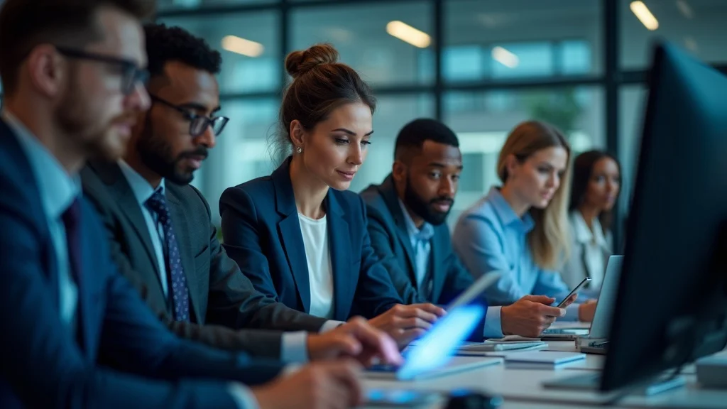 Dynamic sales team at work focused on speed to lead in a modern glass-walled office, checking digital device notifications and responding to new leads with urgency and professionalism