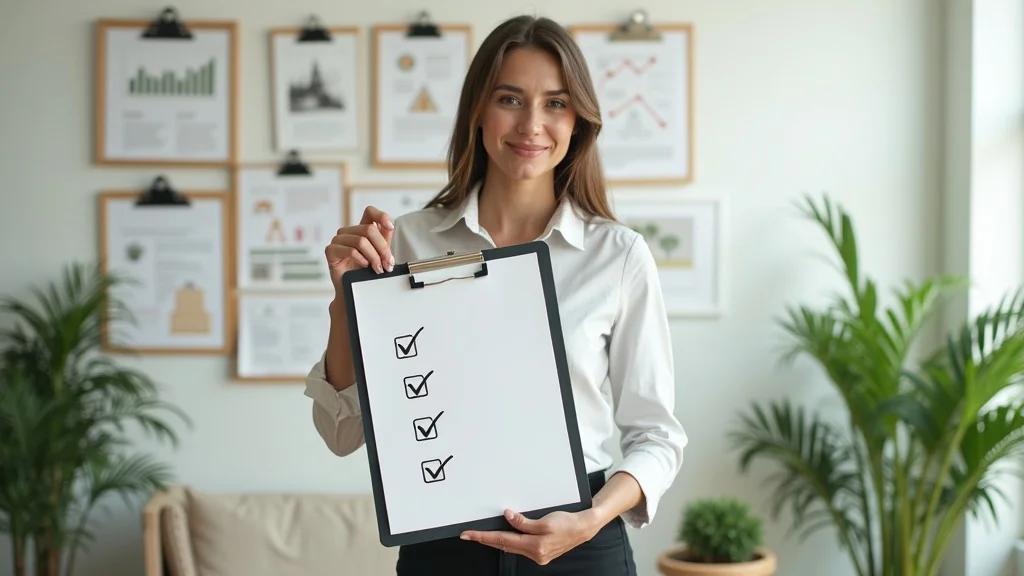 Organized business professional checking off lead response improvement checklist with automation icons on clipboard in modern, plant-filled workspace