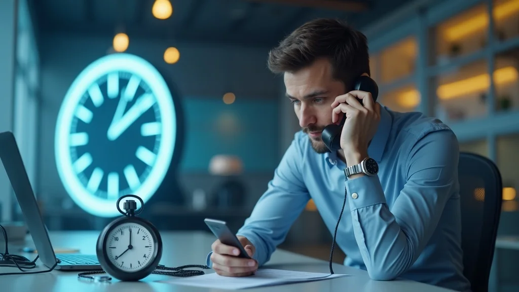 Focused sales rep racing the clock to respond to new lead, with stopwatch and digital clock showing speed to lead urgency in open-plan office