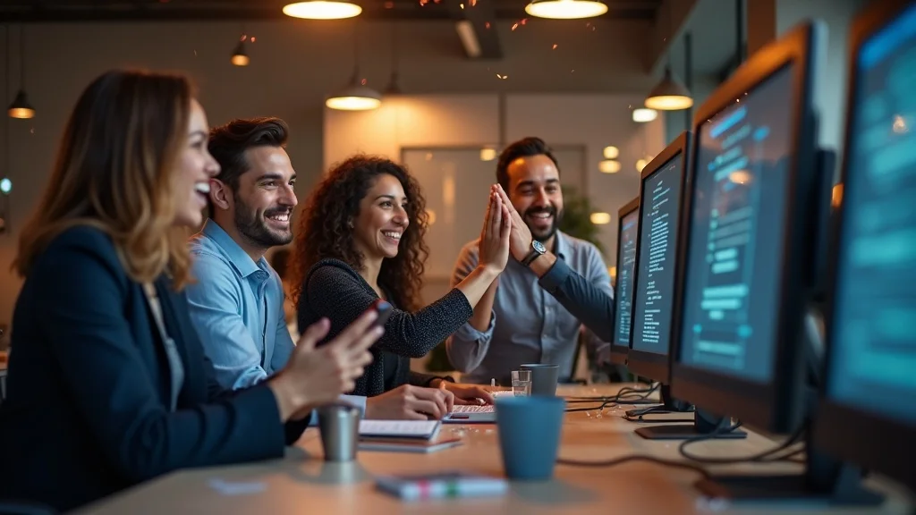 small business team celebrates lead capture with budget-friendly ai phone support, modern office, AI notifications—photorealistic, energetic, warm lighting
