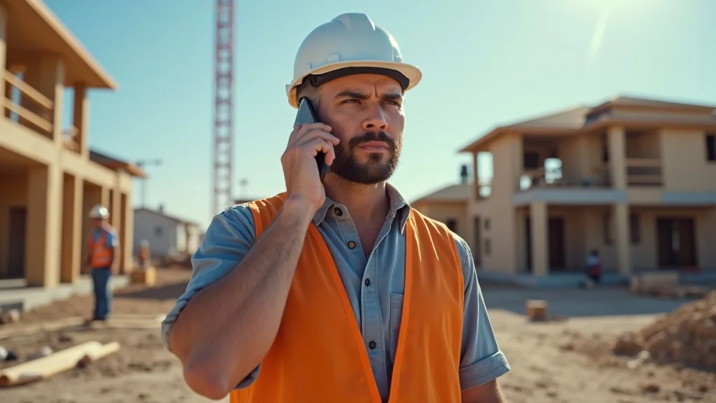 Speed to lead for contractors: Photorealistic image of a stressed contractor at a busy job site, phone ringing in hand, underscoring the risk of missed calls in construction work.