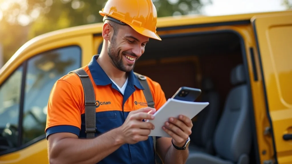 Smiling contractor receives new client lead on smartphone via AI phone answering system, with service van in background.