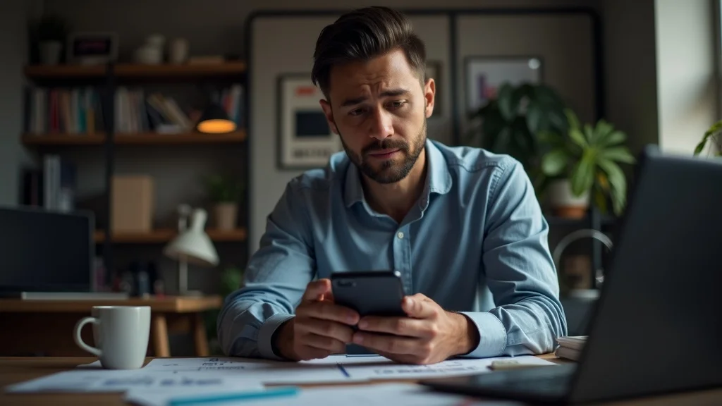 Concerned local business owner reviewing analytics—identifying Local SEO and AEO strategy leaks