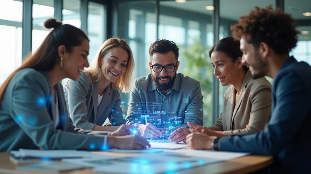 Diverse small business team collaborating with AI voice agent interface in a modern office, demonstrating ai voice agents for small business growth.