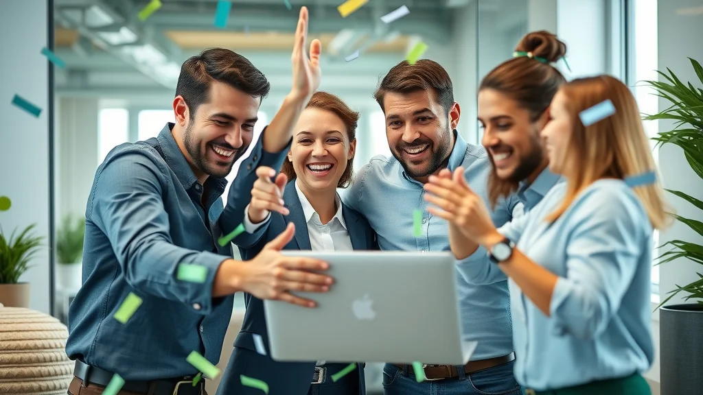 Professional small business team celebrating growth with AI chatbots for small businesses, viewing analytics in a modern office with confetti and high-fives.