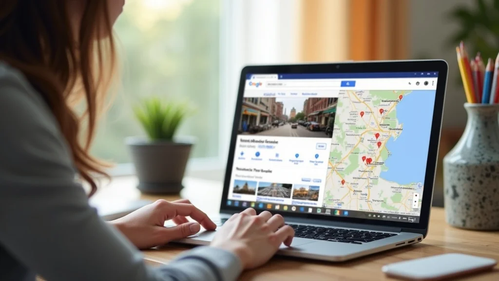 Google Business Profile optimization for Local SEO and AEO in St. Louis: Digital marketer updating business profile and details in a cheerful home office with St. Louis decor.