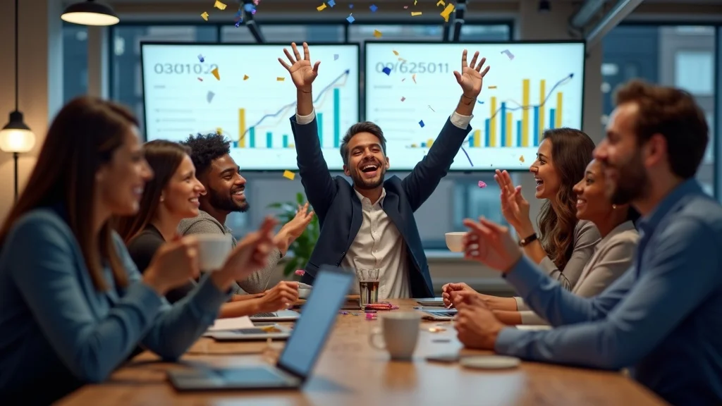 Local SEO and AEO in St. Louis: Excited St. Louis business team celebrating improved analytics and growth in a modern office.