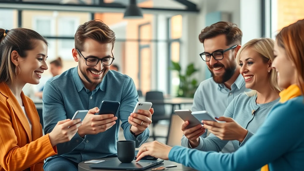 Multichannel chatbot for small businesses—diverse customers engaging via smartphones, laptops, and social media in a co-working environment.