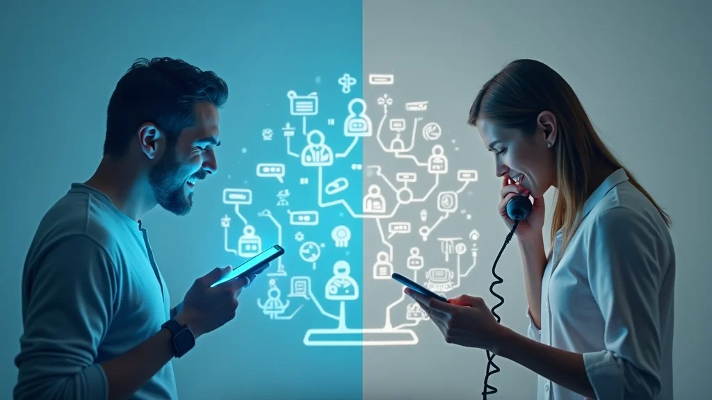 Comparison: friendly AI phone answering interface versus a complex old phone system, highlighting benefits of conversational AI for small businesses.