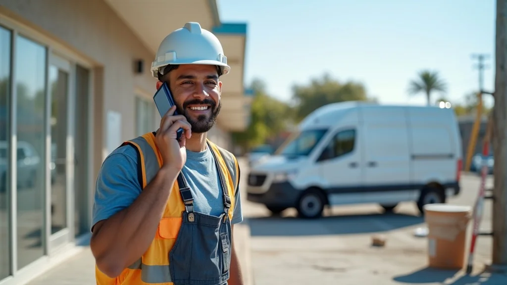 commercial painting contractor uses budget-friendly ai for call handling at jobsite, speaking via wireless earbuds—photorealistic, earth tones and blue accents