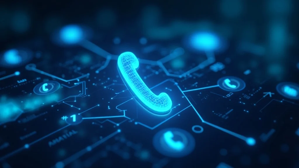 high-tech ai phone support call routing graphic showing business lead capture—digital phone icons, analytic lines, cyber neon palette