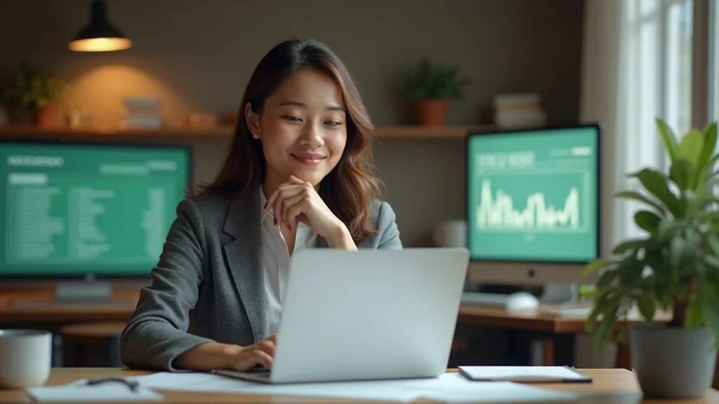 professional small business owner reviews monthly business costs for budget-friendly ai phone support, analyzing expense report near office phone—photorealistic, green and beige palette