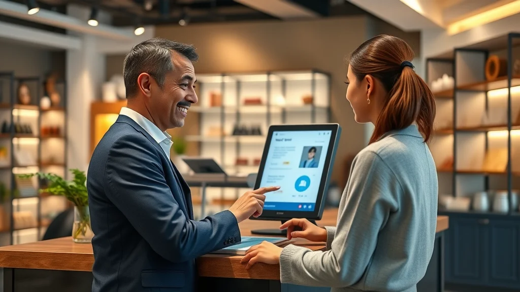 Small business front desk — customer using a kiosk with AI chatbot, authentic staff-customer engagement.