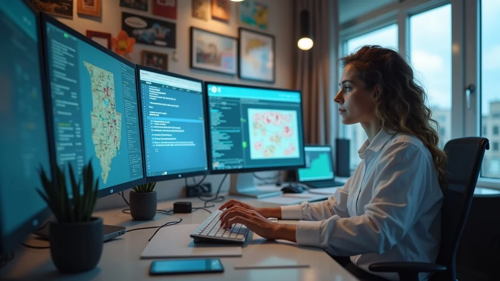 Local SEO and AEO in St. Louis: Confident multitasking business owner orchestrating digital marketing and SEO tasks with visible St. Louis cues and active digital workflow.