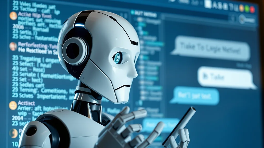 Sleek chatbot user interface for small business websites, AI chatbot avatar engaging via chat window with code overlays and message bubbles.