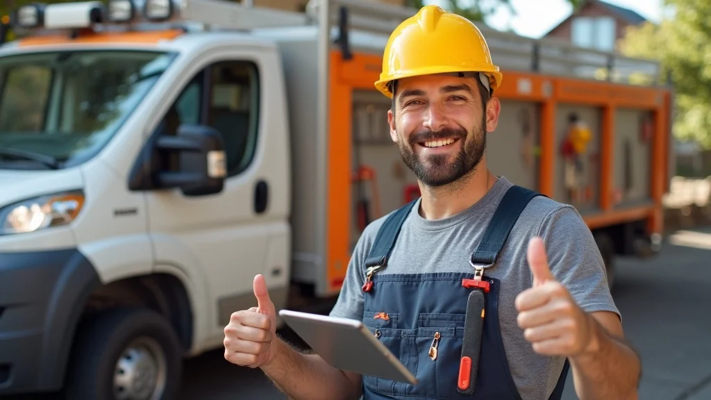 Triumphant home contractor with thumbs up checking improved website stats on a tablet in front of a branded van with celebratory sparkles