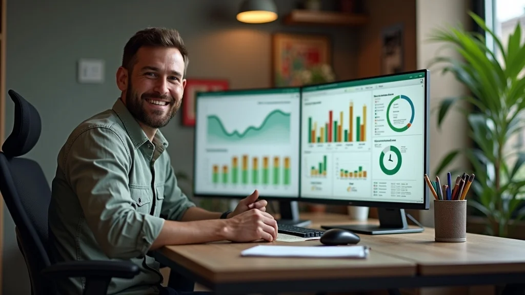 Satisfied home contractor smiling next to a split-screen dashboard showing before and after SEO audit results with green/gold and red/gray charts