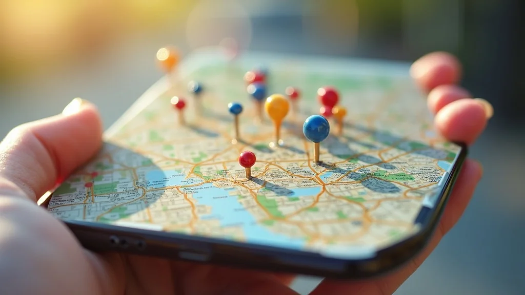 Map with painter location pins displayed on a smartphone for Google Maps search with optimized business profiles