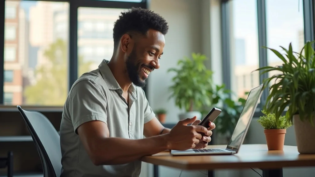 Entrepreneur verifying Google Business Profile on smartphone — St. Louis coworking office setting