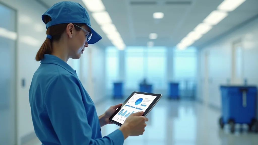 Commercial cleaning manager using an SEO audit tool on a tablet, identifying duplicate content and technical SEO issues for rapid improvement