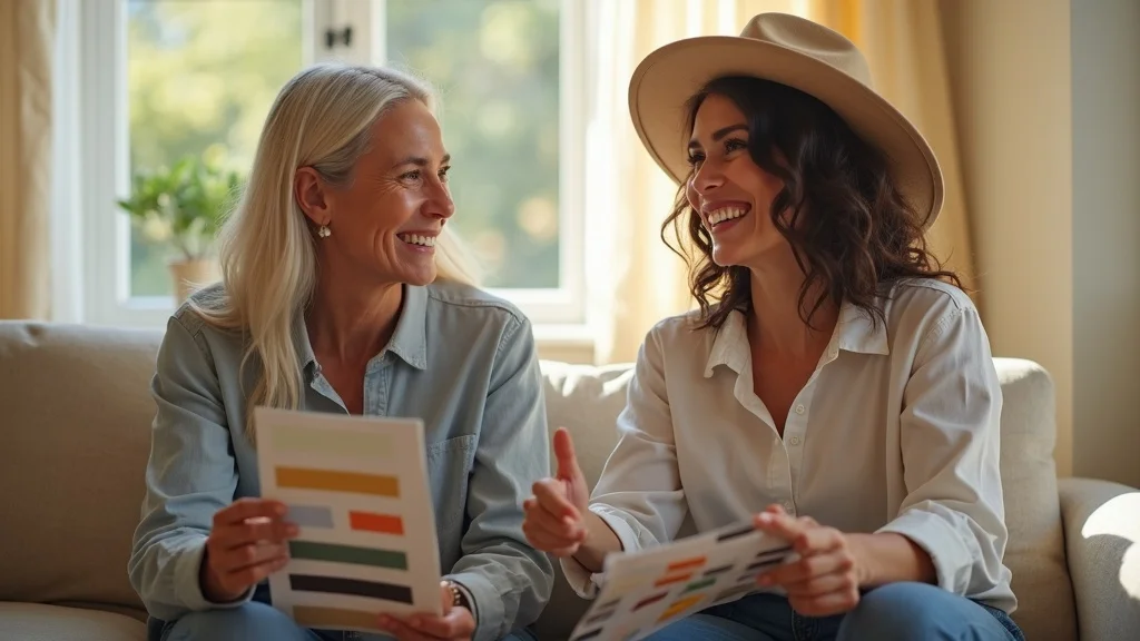 Diverse local homeowners consulting with a painting professional about content marketing and painting services during a home visit, with color samples and charts, natural light, and realistic warmth.