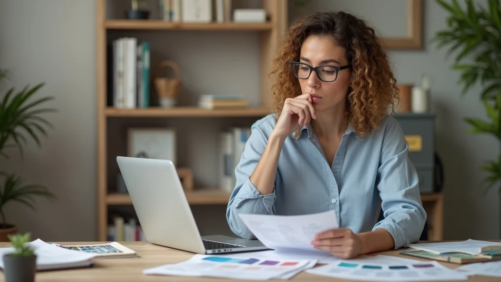 Concerned painting business owner reviewing missed leads and marketing strategy for painting companies in a home office. Paint swatches, digital tools, and natural light highlight the challenge of content marketing for painting businesses.