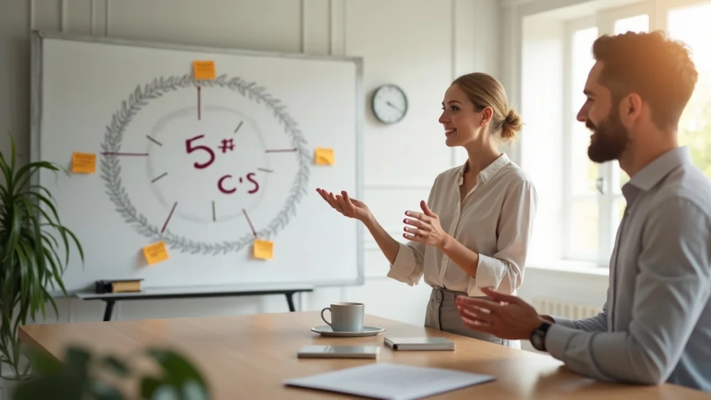 business consultant explaining the 5 C's of content marketing with visual icons on a whiteboard